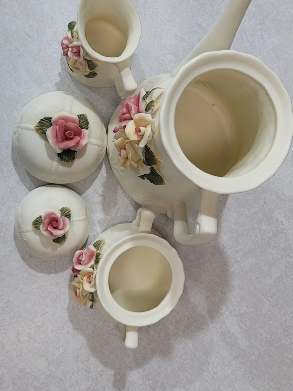 Source Unknown Cream Porcelain Coffee Set with Pink & Yellow Rose Appliques